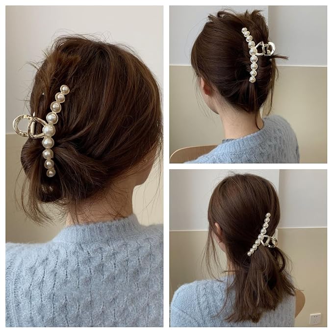 Rhinestone Hair Claw Clips, 4.4 Inch Vintage Metal Imitation Pearl Hair Jaw Clip for Women, Non Slip Hair Clamp Fashion Wedding Party Accessories Elegant Hair Decorations