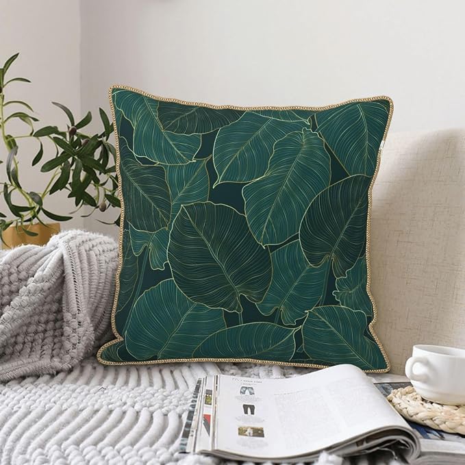 Green Gold Leaf Velvet Pillow Covers 18x18 Inch Minimalist Tropical Palm Leaves Throw Pillows for Couch Farmhouse Cushion Covers Pillowcase Plant Botanical Pillow Cases for Sofa Bed Outdoor Decor