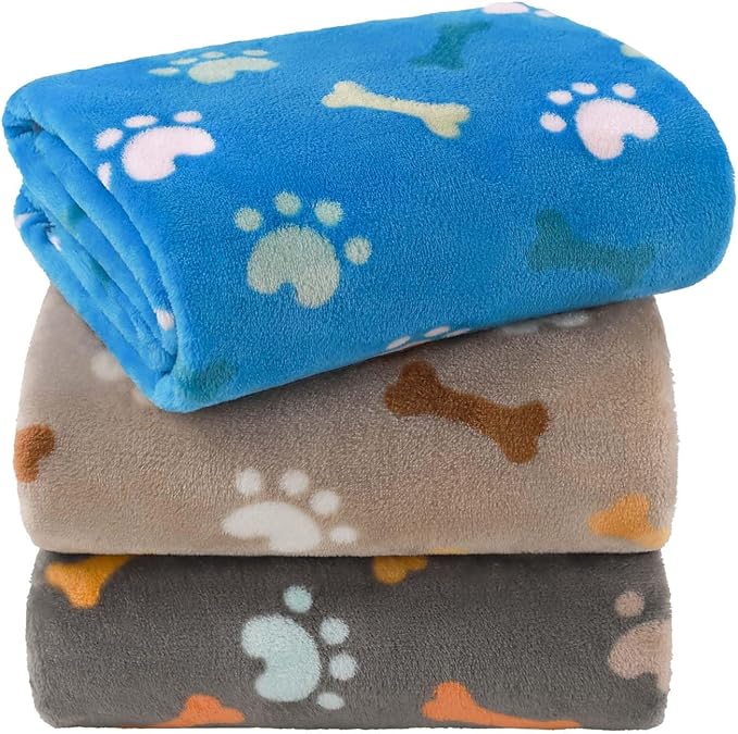 LINENLUX Dog Blankets 3-Pack, Super Soft Fluffy Fleece Pet Throw Warm | Premium flannel fleece pet throw for cat, puppy. Cozy warm for bed, crate, or couch naps; Blue/Brown/Grey-3pcs 40x31 inch