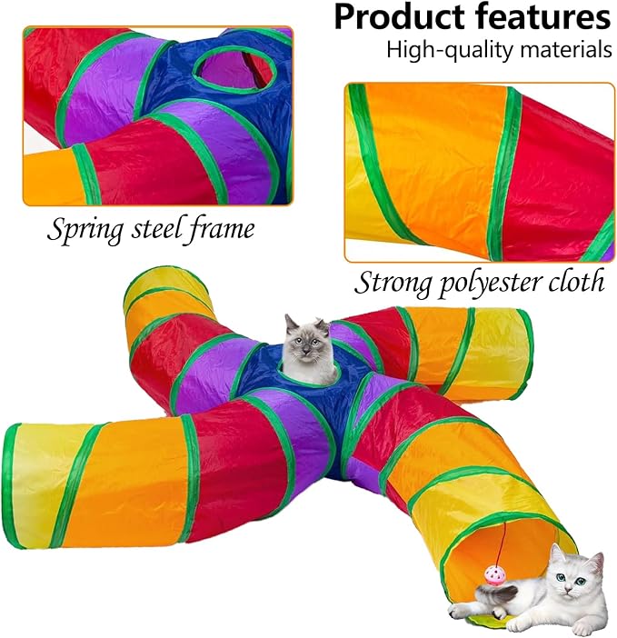 EGETOTA Cat Tunnel for Indoor Cats Large, with Play Ball S-Shape 4 Way Collapsible Interactive Peek Hole Pet Tube Toys, Puppy, Kitty, Kitten, Rabbit (S4 - Multicolor)