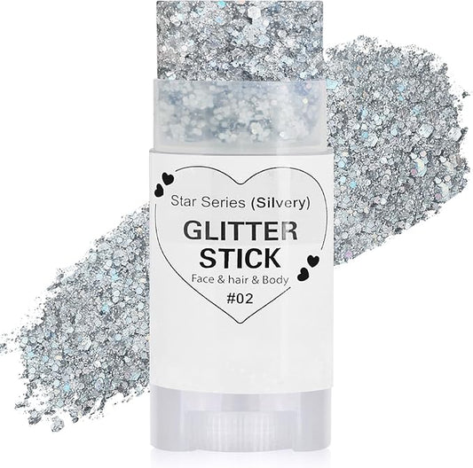Silver Hair Glitter Stick, Chunky Sequins Body Face Glitter for Kids,Rave Music Festival Singer Concert Outfits for Women,Waterproof Halloween Shimmer Accessories for Parties & Events