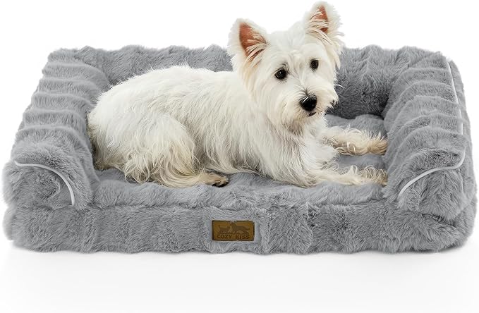 COZY KISS Faux Rabbit Fur Orthopedic Dog Bed, Dog Bed for Medium Size, Supportive Foam Pet Sofa with Waterproof Lining Cover, Washable U-Shaped Pet Couch with Anti-Slip Bottom, Grey M 30x20x6.5 inch