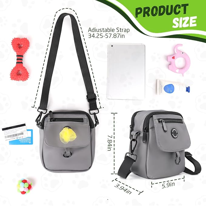 Dog Walking Bag Crossbody Waterproof & Lightweight Treat Pouch for Pet Training, Puppy Treat Tote, Dog Mom Purse (Gray 1.0)