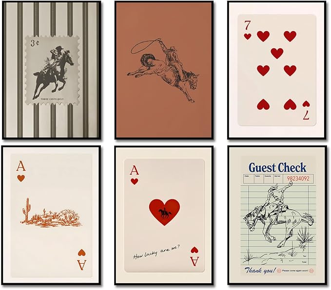 Vintage Western Cowboy Poster Set of 6, Southwestern Wall Art Playing Card Canvas Prints Mid Century Striped Western Wall Decor Paintings for Bedroom Living Room Dorm 8x10 inch Unframed