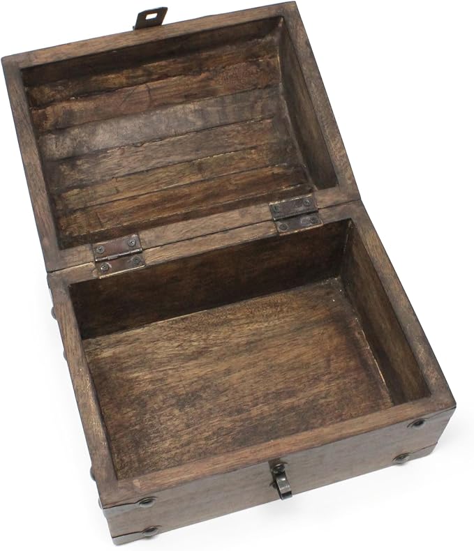 Treasure Chest Keepsake and Decorative Wood Box (Large 8x6x6) - Storage Box, Wooden Box with Hinged Lid, Rustic Storage, Pirate Storage Box, Vintage Wooden Chest