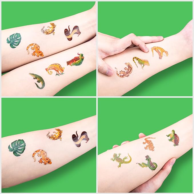 96 PCS Reptile Animal Safari Jungle Lizard Pre-Cut Temporary Tattoos for Kids | Super Cute Themed Birthday Party Favors, Supplies, Decorations, Fake Tattoo Stickers (Multiple)