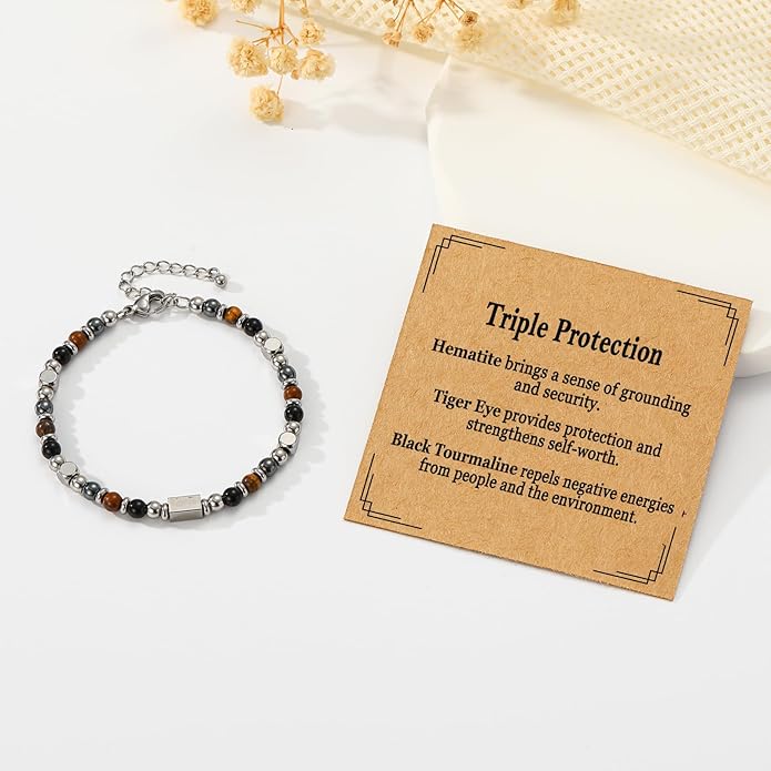 Natural Healing Crystal Bracelet for Women, Triple Protection Anxiety Relief New Beginnings Good Luck Empath Protection Jewelry Gift for Friends Daughter Mom 6.5+1.8 Inches