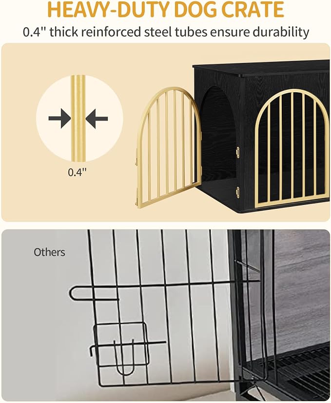 Hzuaneri 39.4'' Dog Crate Furniture,Dog Kennel Indoor for Medium/Large Dogs | Dog Kennel Furniture Wooden Dog Cage Heavy Duty Dog Crate Decorative Pet House End Side Table TV Stand,Black Gold DFC84104A