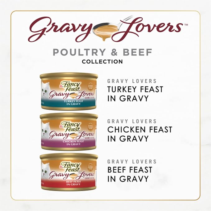 Fancy Feast Purina Gravy Lovers Poultry and Beef Grilled Gourmet Wet Cat Food Variety Pack - 3 oz. Cans,(Pack of 60)