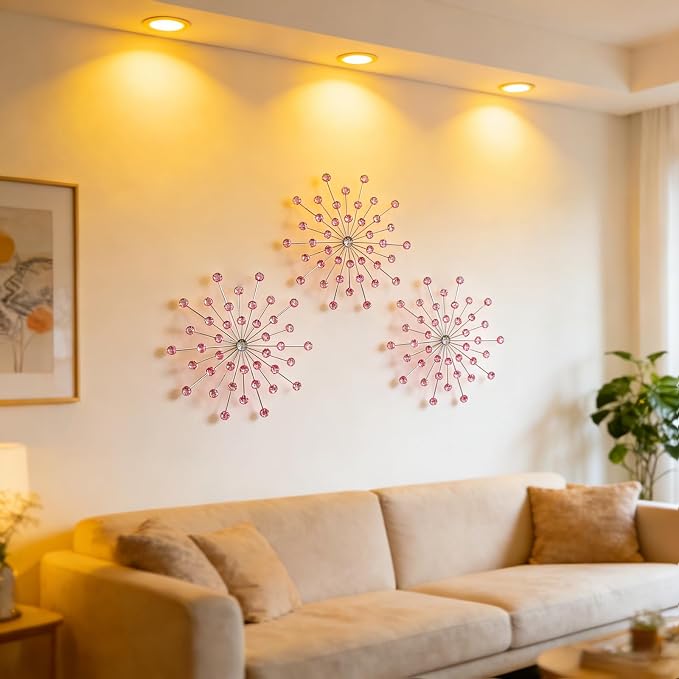 ZEXUIRU 3 Set Silver Starburst Wall Art for Home Decor Metal Bling Crystal Rhinestones Sunburst Wall Decor Sparkling Rhinestone Art Accent Silver - 13in