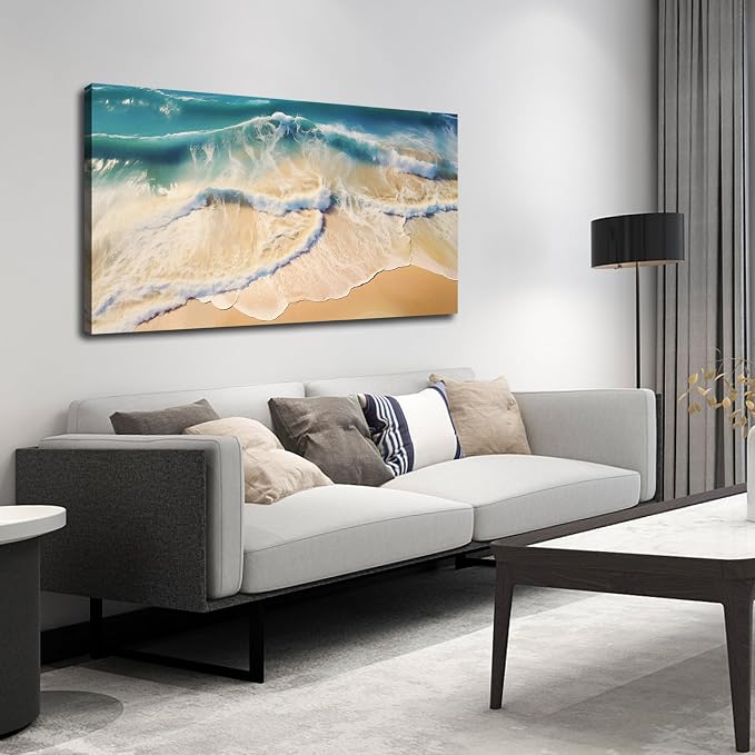 DNIEOTU Beach Canvas Wall Art for Living Room, Ocean Waves Wall-Decor for Bedroom, Landscape Picture Prints for Hallway Office, Size 47 x 24 Inches