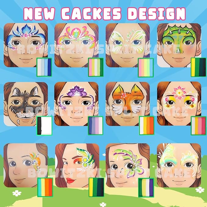 Bowitzki Face Paint 12x10 gm Professional Body Painting Kit For Kids Adults Stencil One Stroke Split Cake Non Toxic Rainbow Flora Unicorn Flame Makeup Halloween Christmas Easter -Green set