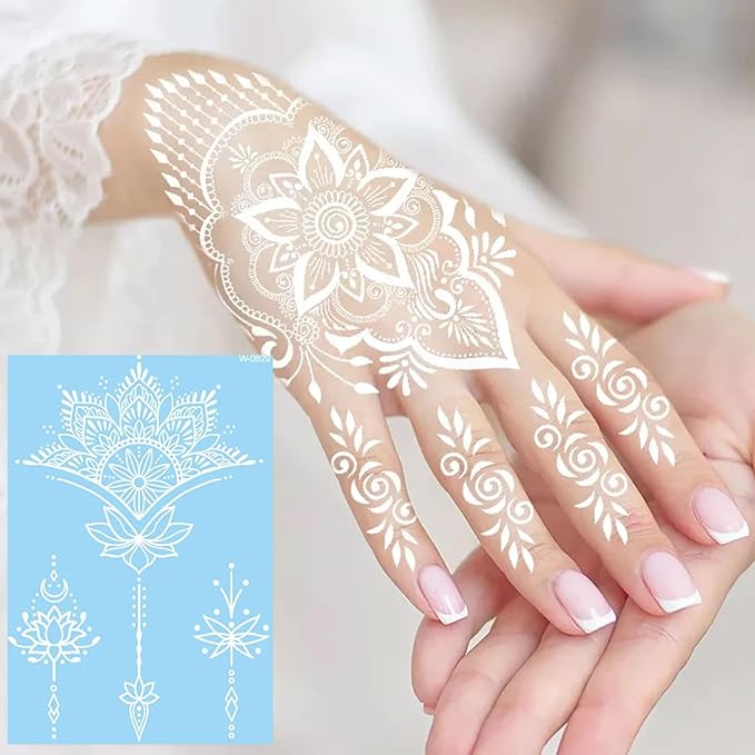 6 Sheets Henna Tattoos Temporary Stickers White Flower Geometric Waterproof Henna Tattoos for Women Indian Diwali Supplies Wedding Party Festivals Decoration