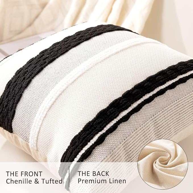 Boho Throw Pillow Covers Decorative Neutral Farmhouse Pillow case | 18x18 Set of 2 Cushion Case Striped Square Pillows Cover Couch Pillow Cases Accent Pillowcase for Sofa Bed,Black and White