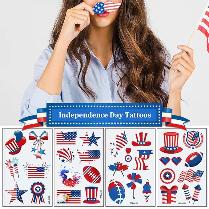 4th of July Temporary Tattoos, 90pcs American Flag Red White Blue Fake Tattoo Stickers, Independence Day Fourth of July Body Art USA National Memorial Decorations for Labor Day Party