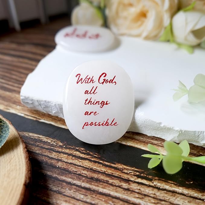 Selenite Crystal Worry Stones - Small Crystals for Big Stress Relief - Cheer Up & Encouragement Gift for Natural Reiki Healing - Real Motivational Strength Rocks - with God, All Things are Possible