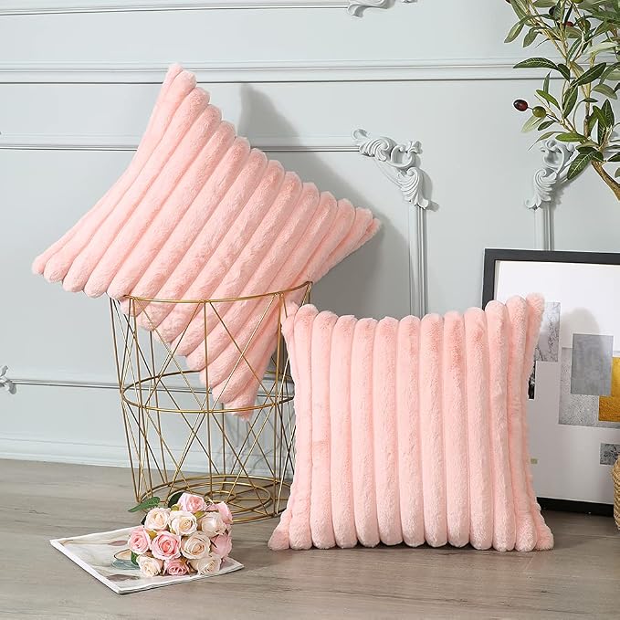 Soleebee Set of 2 Throw Pillow Covers Soft Cozy Velvet Pillowcase Faux Rabbit Fur Cover for Couch Sofa Bed Chair Home Decorative Pillows Cover (16x16 Inch, Pink)