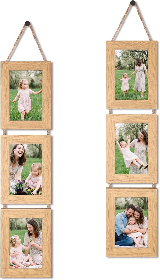 QUTREY 4x6 Collage Picture Frames, 6 Openings Vertical Hanging Photo Frame Set of 2 for wall, 4 by 6 inch Multi Picture Frames for Mother's Day Birthday Anniversary, Natural Wood