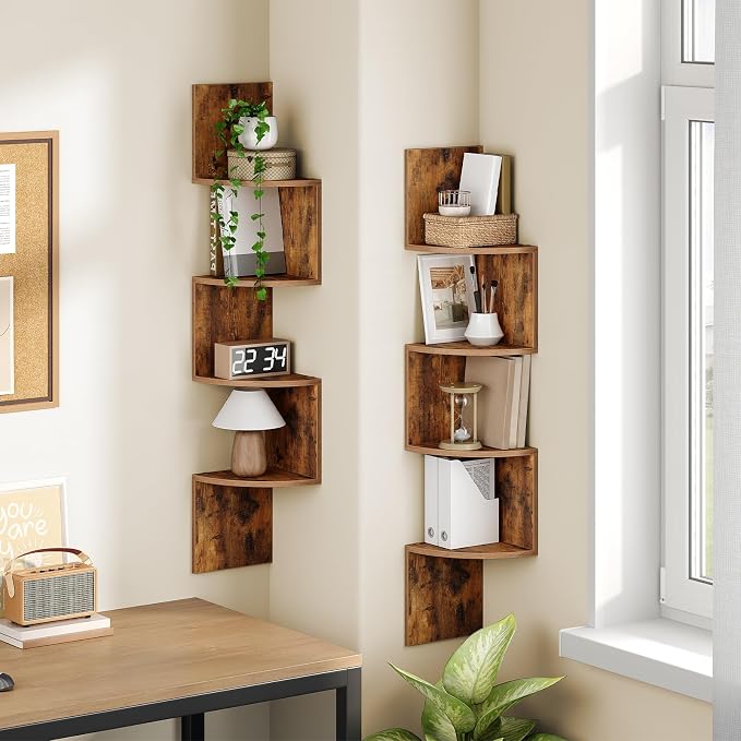 HOOBRO Corner Shelf Wall-Mounted, Set of 2 Floating Corner Shelves for Wall, 4-Tier Corner Bookshelves for Living Room, Bedroom, Bathroom, Home Office, Rustic Brown BF25BJP201