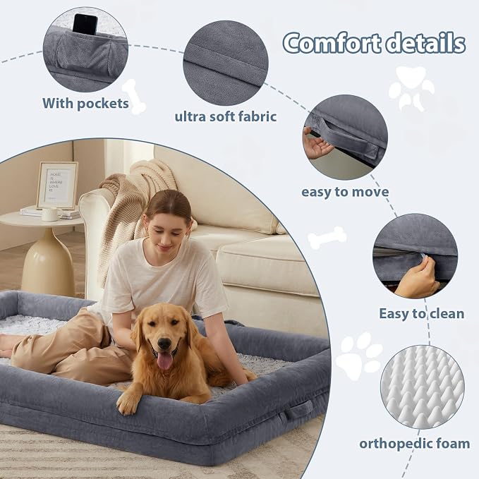 WNPETHOME Human Dog Bed Orthopedic for Adult & Dogs Comfy Sleeping | Washable Waterproof Dog Couch with Removable Cover, Large Pet Sofa Bed with Bolster Sides for Relaxing Dark Gery 71x46 Inch