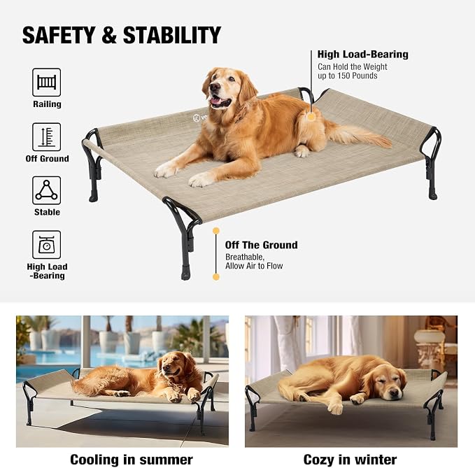 Veehoo Medium Elevated Dog Bed, Guardrail, Non-Slip, Teslin Mesh, 35"L x 26"W x 11"H, Beige Coffee | Washable Dog Couch Bed for Indoor & Outdoor, Durable Breathable Teslin Mesh, Non-Slip Feet, Medium, 39.5" x 28", Beige Coffee