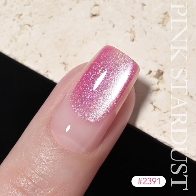 GAOY Pink Cat Eye Gel Nail Polish, 16ml Glitter Holographic Nail Polish with Magnet, Reflective Translucent UV Gel, 2931 Pink Stardust