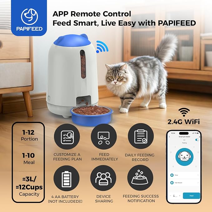 PAPIFEED 2-in-1 Automatic Cat Feeder and Pet Camera Combo, 1080P HD & 360°Pan-Tilt, 3L Cat Food Dispenser with App, 2.4G WiFi Timed Cat Feeder for Dry Food, Automatic Cat Feeder with Camera