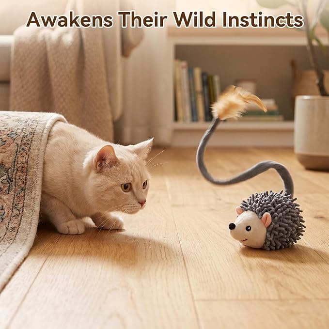Migipaws Interactive Hedgehog Cat Toy 360° Rolling & Spin with Soft Plush Tail for Indoor Cats Smart Motion Sensor, Realistic Squeak, Rechargeable Plush Kitten Toy (Grey)