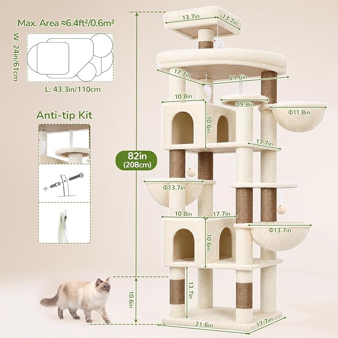 Globlazer Extra Large Cat Tree Tower, 82in Tall Heavy Duty Cat Tree for Indoor Cats Large Adult Big Cat Tower with 8 Scratching Posts, 2 Cat Condos, 2 Top Perches, 3 Hanging Baskets, S82, Beige