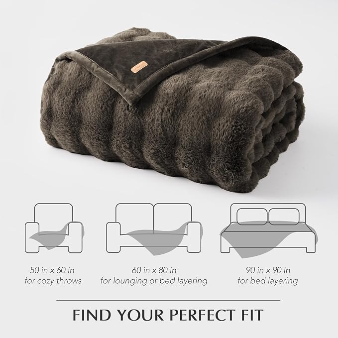 Faux Rabbit Fur Bubble Throw Blanket, 90"x90", Dark Taupe | Ultra Soft, Luxury Faux Rabbit Fur Throw, Thick Warm Bubble Blanket, Cozy Fluffy Reversible, for Bed, Couch, Chair, Sofa