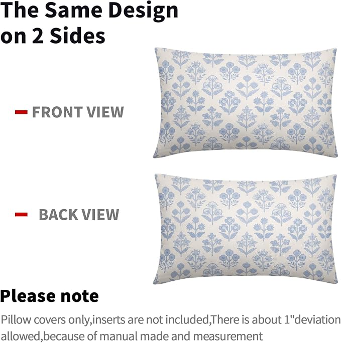 Baby Blue Floral Pillow Covers 12x20 Inch Set of 2, Vintage Flower Block Print Pattern Decorative Throw Pillowcases Outdoor Farmhouse Cushion Covers Spring Summer Rustic Sofa Couch Bed Decor