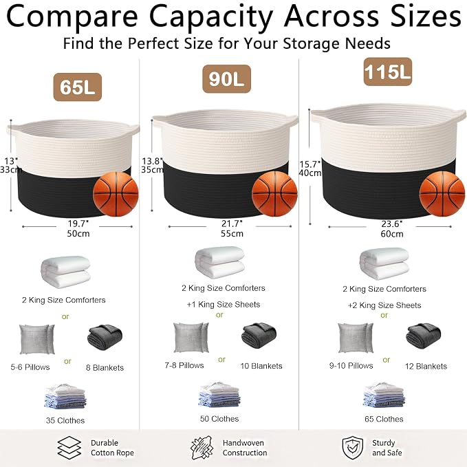 90L Extra Large Blanket Basket,Woven Laundry Basket-White&Black | Collapsible, reinforced handles, nursery storage bin organizes clothes, toys and pillows for living room, bedroom bathroom