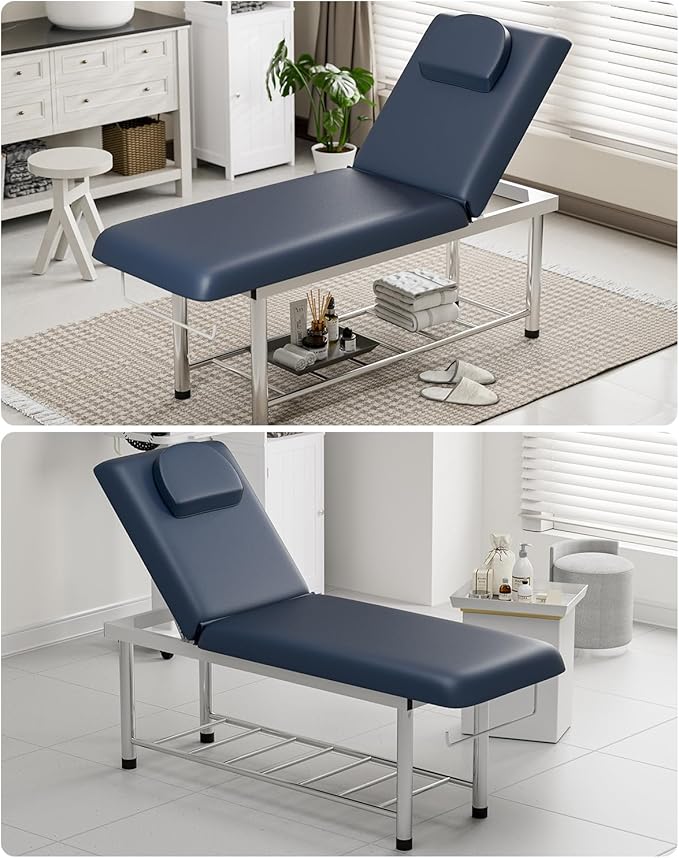SyyBhb Professional Stationary Massage Table, 550lbs Heavy Duty Wide Exam Bed for Treatment, Backrest Adjustable, Removable Headrest, Bottom Shelf Storage and Towel Hook, Blue