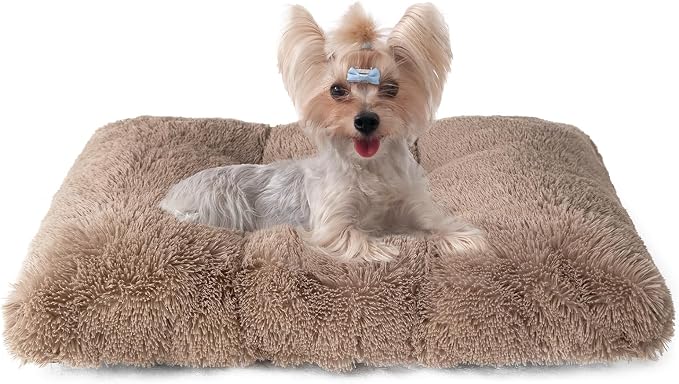 EHEYCIGA Fluffy Dog Crate Bed for Small Dogs, Plush Crate Pad, Camel | Calming Anti Anxiety Small Dog Bed, Washable Soft Warm Faux Fur Crate Mat with Non-Slip Bottom