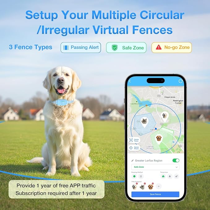 AOZOOM Electric Dog Fence,GPS Wireless Virtual Fence Dog Collar,Blue | Smart GPS Dog Collar,GPS Pet Tracker with App-Supported,Adjustable IPX7 Water-Resistant Electric Fence Collar for Outdoor,