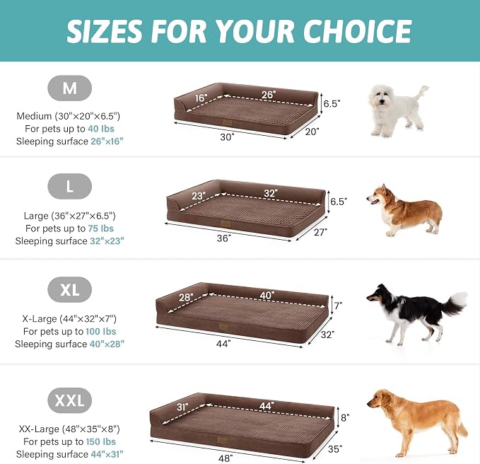 COZY KISS Orthopedic Dog Bed for Extra Large Dogs, L Shaped XL 44x32 inch | Non-Slip Bottom Soft Pet Sofa with Washable Removable Waterproof Cover, Egg-Crate Foam Couch with Portable Handle, Brown