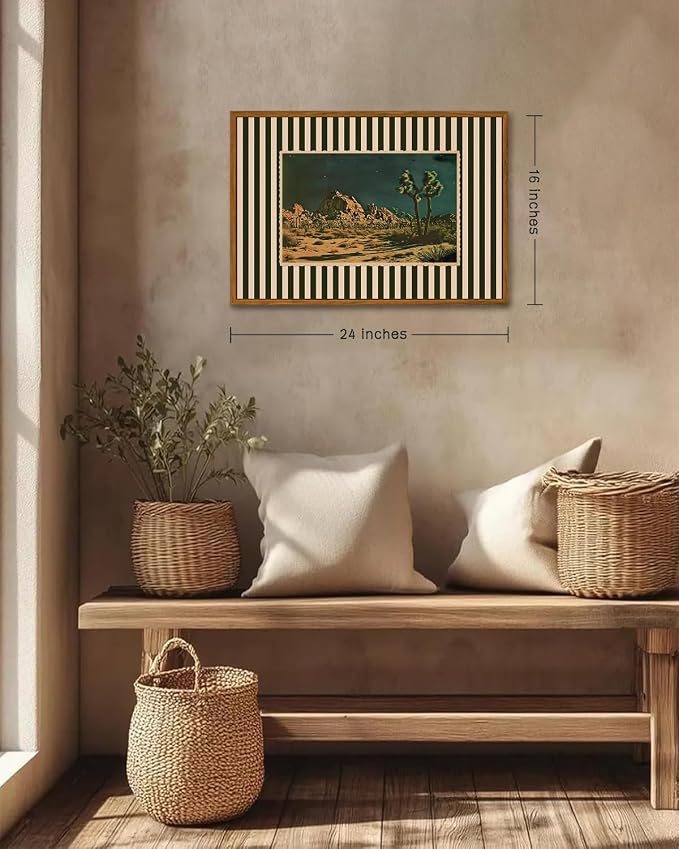 ZZLWBKGL Desert Canvas Art Boho Framed Wall Art for Living Room 16x24in | Vintage Western Artwork Southwestern Cactus Picture Mid Century Striped Paintings for Bedroom Study
