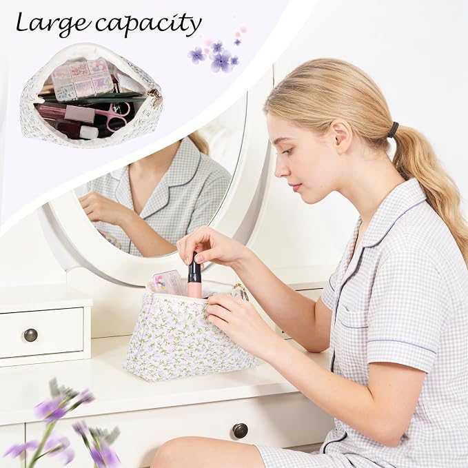 Quilted Cotton Makeup Bag, Coquette Quilted Toiletry Bag for Women and Girls, Floral Coquette Pouch, Cute Kawaii Travel Cosmetic Bags (Purple Floral)