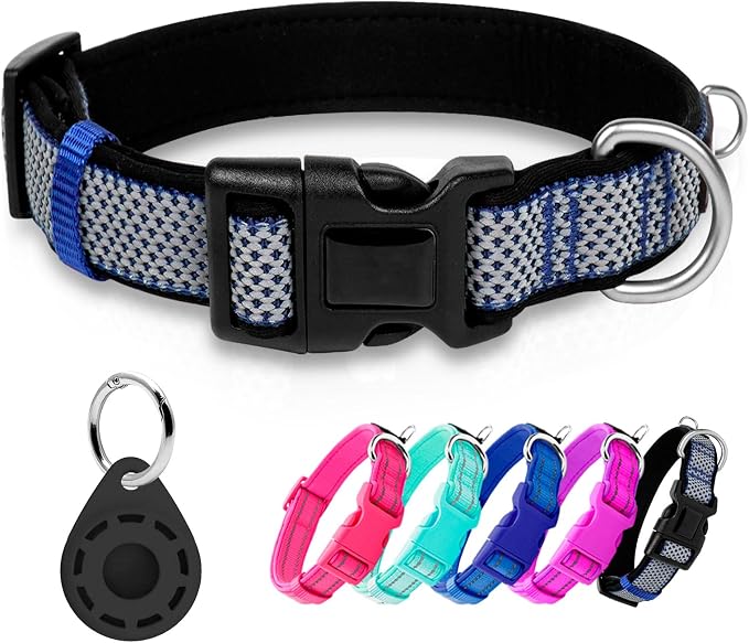azuza Airtag Dog Collar, Medium Dog Collar with Airtag Holder, Dark Blue, M
