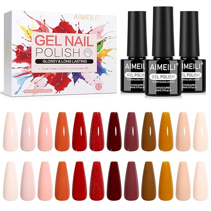 AIMEILI Nude Brown Gel Nail Polish Set 12pcs, Hema Free, Cruelty Free, Vegan, Soak Off U V LED Nail Art Manicure for Women - Kit 44