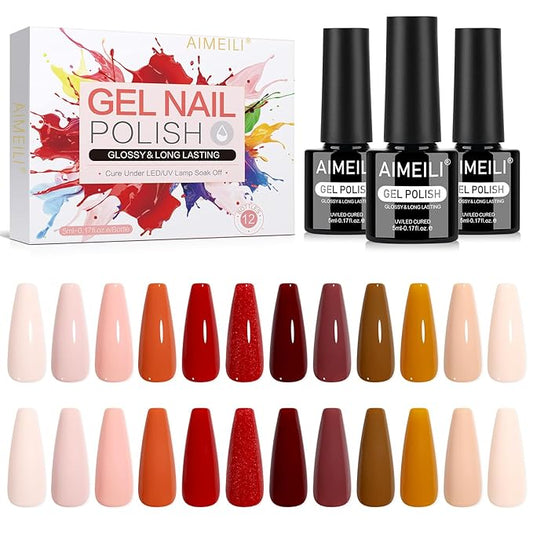 AIMEILI Nude Brown Gel Nail Polish Set 12pcs, Hema Free, Cruelty Free, Vegan, Soak Off U V LED Nail Art Manicure for Women - Kit 44