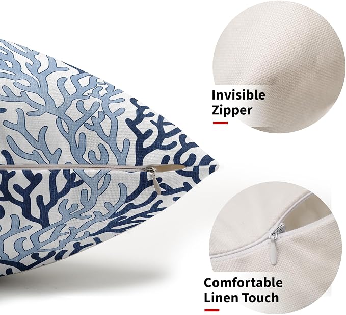 Summer Coastal Coral Lumbar Pillow Covers 12x20 Inch Set of 2 Nautical Blue Whtie Ocean Themed Beach Pillow Cases Outdoor Linen Square Cushion Cover Farmhouse Decor for Bedroom Home Sofa Couch