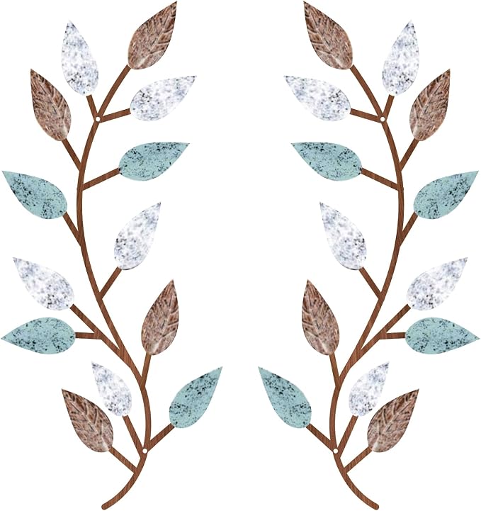 Zhengmy 2 Pcs Metal Leaf Wall Art Vine Branch Decor,Blue Brown Colors | Olive Branch Metal Decor for Living Room Hallway, Symmetrical Leaf Pair for Doorway Entryway, Lightweight Hanging Art Design