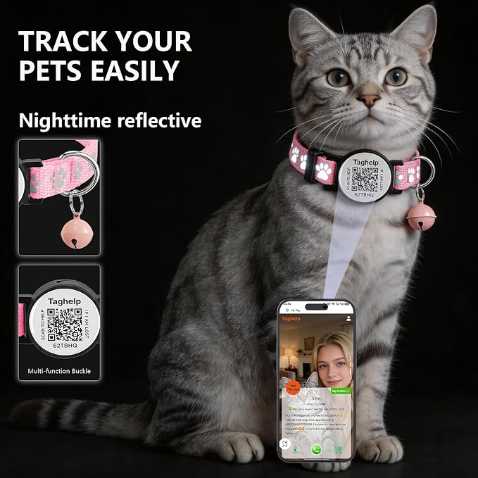 Smart QR Code Cat Collar 2-Pack: Your Cat's Digital Safety Profile, Breakaway Reflective Collar with Instant Email Alert When Scanned (Pink & Purple A)