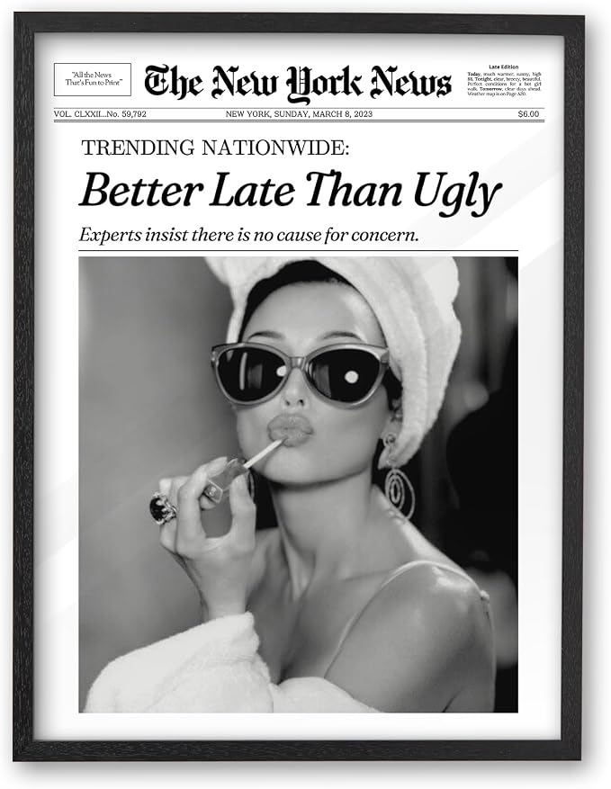 iHery 12x16in Audrey Hepburn Better Late Than Ugly Framed Bathroom Art | Premium Black Natural OAK Wood Frame with Canvas Print, Vintage Fashion Wall Decor for Bedroom, Apartment Girl Dorm, 1Pack