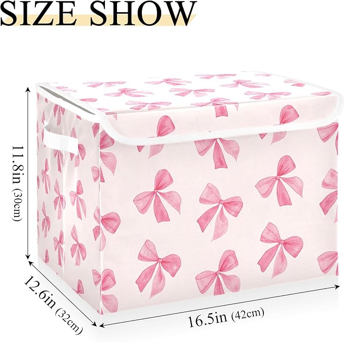 Pink Bow Storage Bins with Lids and Carrying Handle,Foldable Storage Boxes Organizer Containers Baskets Cube with Cover for Home Bedroom Closet Office