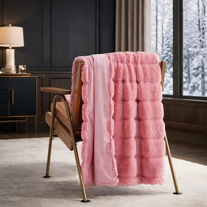 Cozy Bliss Faux Fur Throw Blanket for Couch, Cozy Warm Plush Striped Blanket for Sofa Bedroom Living Room, 50 * 60 Inches Pink