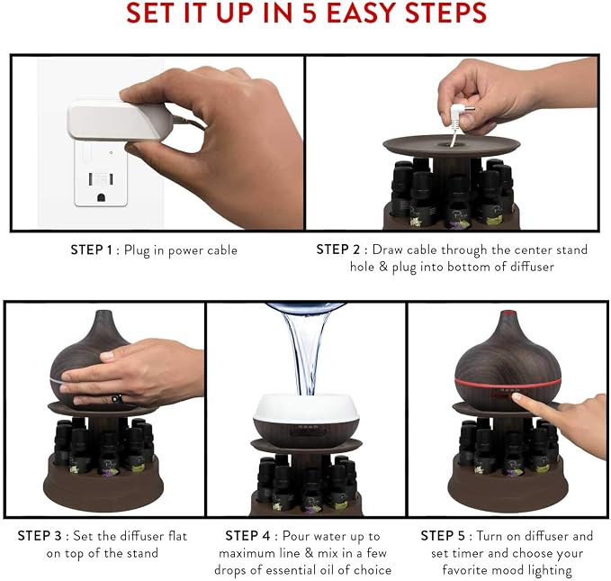 Pure Daily Care Ultimate Aromatherapy Diffuser with Essential Oil Set - 300ml Ultrasonic Diffuser, 4 Timer & 7 Ambient Light Settings - 10 Therapeutic Grade Essential Oils - Oak Wood with Stand