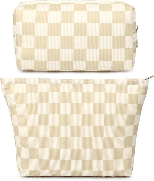 SOIDRAM 2 Pcs Checkered Makeup Bag Large Cosmetic Bag Toiletry Bag Makeup Pouch Travel Bag Organizer Cute Makeup Brushes Aesthetic Accessories Storage Bag for Women Brown Checkered