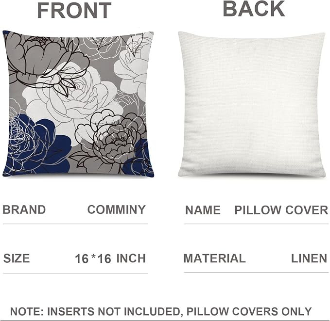COMMINY Blue Grey Pillow Covers 16x16 Set of 6 Decorative Daisy Flower Throw Pillow Cover for Couch Modern Farmhouse Cushion Pillow Case for Living Room Patio Home Decor | spring floral, wild flower bloom, decorative cushion cover, Breathable Linen, Ac...